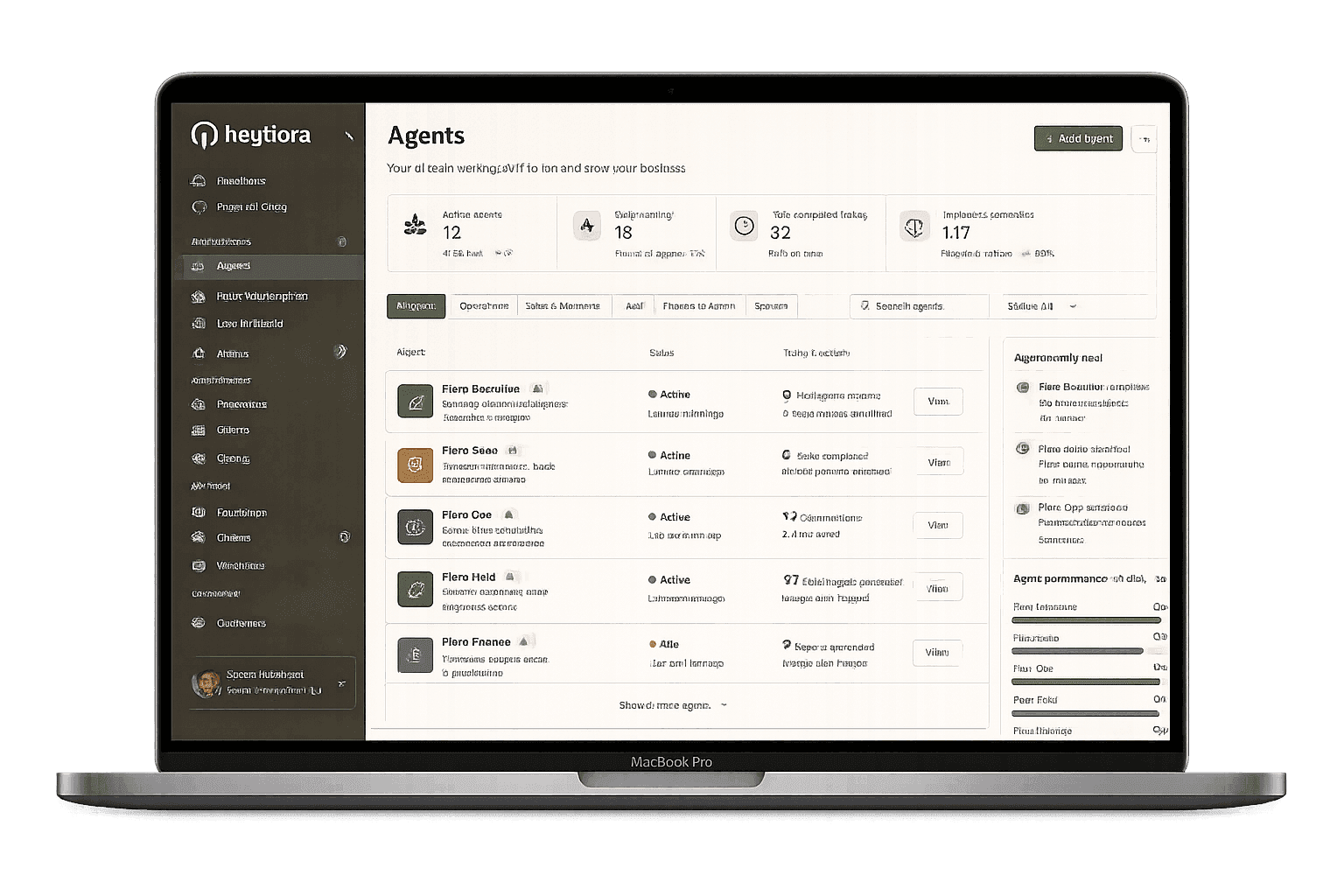 The HeyFlora desktop dashboard showing the AI Agents workspace